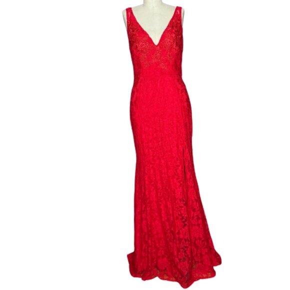 Maniju Lace Sleeveless High Slit V-Neck Maxi Gown Red Size Large NWT - Picture 5 of 6